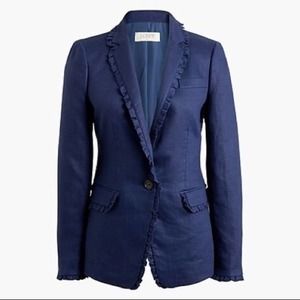 J. CREW 100% Linen Blazer with Ruffle Trim in Blue